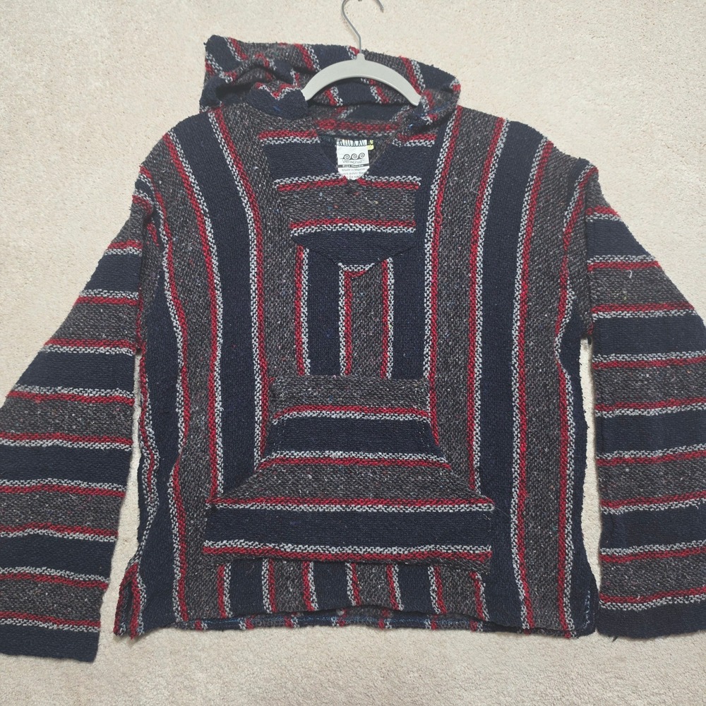 Veracruz Baja Hoodie Mens Medium Navy‎ Blue Red Striped Drug Rug Mexican Poncho